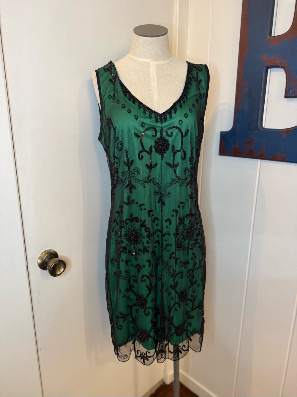Beaded Green Sleeveless inspired Flapper V-Neck Dress Sz 12